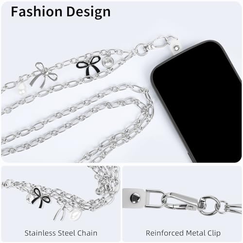 Phone Charm Detachable Metal Cellphone Wrist Strap for Women Girls, Cell Phone Lanyard - color: Long-silver