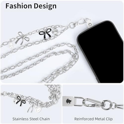 Phone Charm Detachable Metal Cellphone Wrist Strap for Women Girls, Cell Phone Lanyard - color: Long-silver