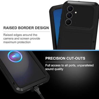 LOVE MEI Military Rugged Case for Samsung Galaxy S25 FE 5G, with Tempered Glass Screen Protector, Shockproof Dustproof Scratch Proof Hybrid Metal and Silicone Gel Heavy Duty Full Body Cover (Black) - color: Black