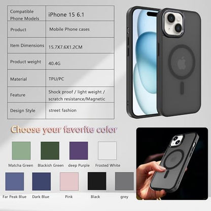 Magnetic iPhone 15 case,Compatible with Magsafe, Military-Grade Protection,Slim Translucent Matte Shockproof with Anti-Scratch Anti-Fingerprint Phone Cover (Black, iPhone 15) - color: Black, size: iPhone 15