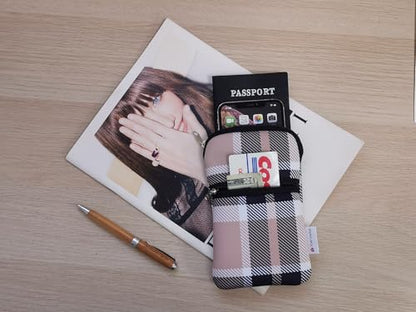 Tainada Neoprene 2-Zip Phone Pouch w/Crossbody, Neck Lanyard (Biege Plaid) | For Men/Women; Water-resistant neoprene material, shockproof, lightweight; Compatible with most of smartphones - color: Biege Plaid