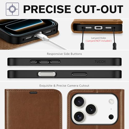 TUCCH Case Wallet for iPhone 17 Pro (6.3") 2025, RFID Blocking Folio, Brown | 4 Card Holders, Kickstand, PU Leather, Magnetic Closure, Shockproof TPU Shell, Protective Flip Cover - color: Brown