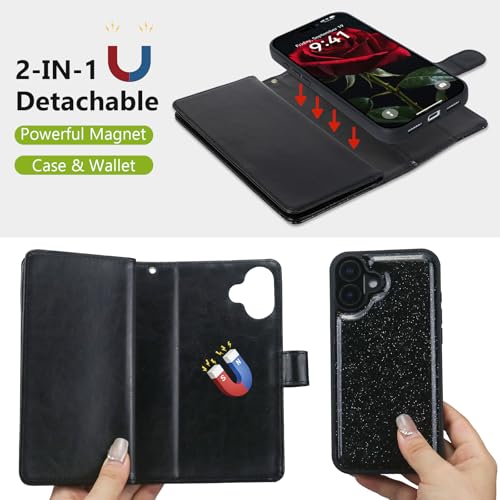 Varikke for iPhone 17 Glitter Case Wallet Magnetic Detachable, Black - color: (Standard) Black, size: iPhone 17 6.3"