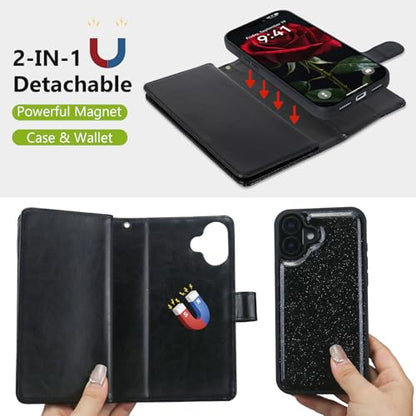 Varikke for iPhone 17 Glitter Case Wallet Magnetic Detachable, Black - color: (Standard) Black, size: iPhone 17 6.3"