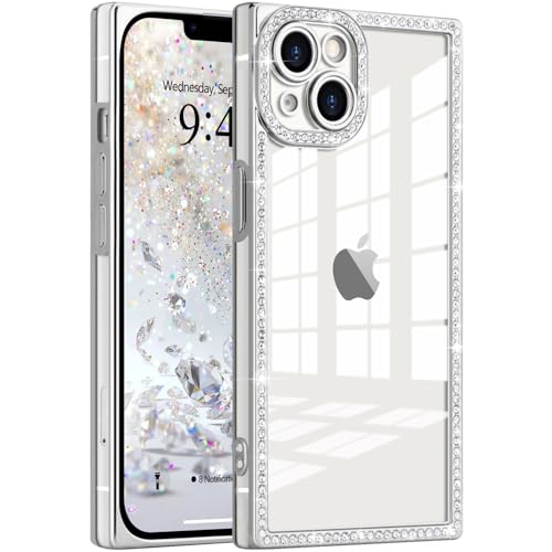 Clear Glitter Phone Case for iPhone 14 Luxury Bling Diamond | Sparkly Rhinestones Soft TPU Plating Rectangle Edge Camera Protection Transparent Shockproof Cover for Women Girls, Silver - color: Silver, size: iPhone 14
