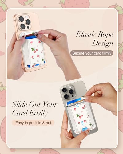 Compatible with Magsafe Wallet Magnetic Card Holder - for Women Leather Phone Wallet Fits 7 Cards Slim RFID Card Holder for iPhone 16/15/14/13/12 for Samsung S25 Ultra/S24 Ultra, Strawberry - style: Color Strawberry