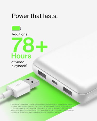 Belkin 20000mAh 15W 3 Port Power Bank, USB A to USB C Cable Included - color: White