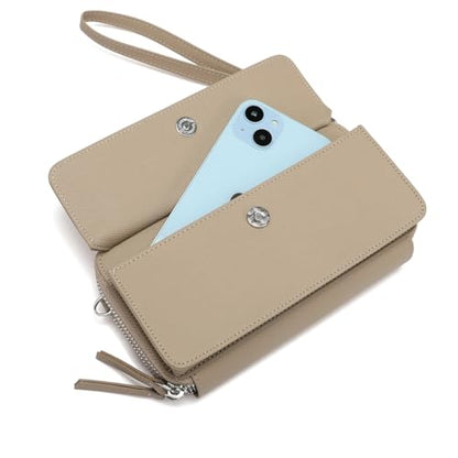 RFID Crossbody Wallet Wristlet Purse with Phone Pocket For Women Vegan Leather - color: Zb-saffiano Khaki