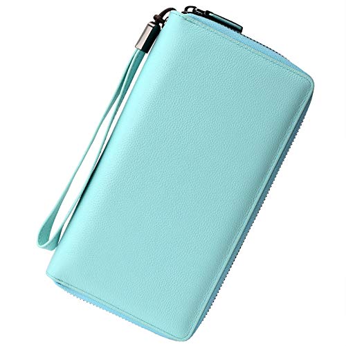 Bveyzi Women RFID Blocking Wallet Leather Zip Around Phone Clutch Large Capacity Ladies Travel Purse Wristlet - color: Light Blue