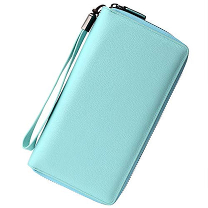 Bveyzi Women RFID Blocking Wallet Leather Zip Around Phone Clutch Large Capacity Ladies Travel Purse Wristlet - color: Light Blue