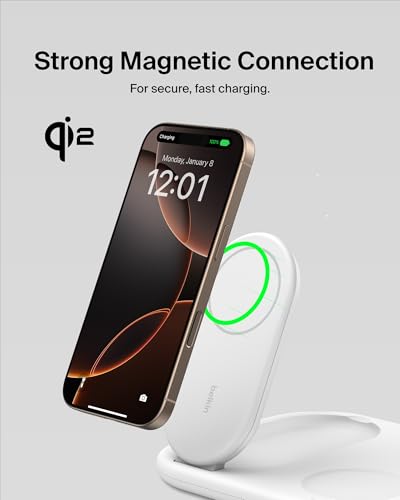 Belkin Qi2 Magnetic Wireless Charging Station, 3 in 1 Foldable Charger - color: White
