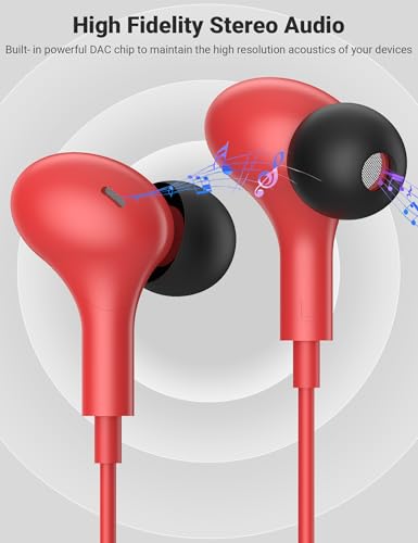 USB C Earbuds with Microphone Cute in Ear Wired Headphone - color: Red Black
