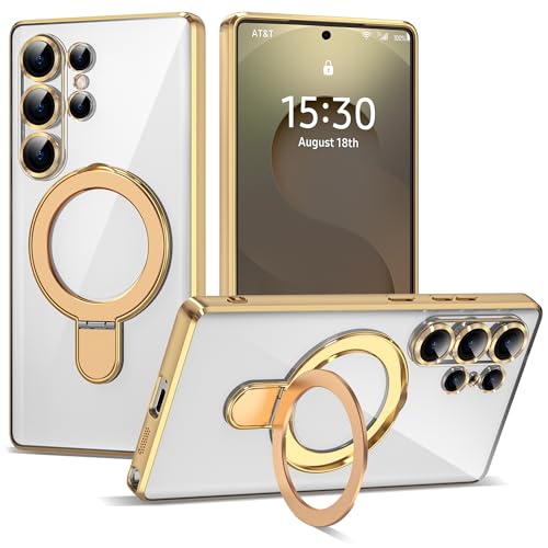 Compatible with Samsung Galaxy S25 Ultra Case with Magnetic Ring Stand [Compatible with Mag-Safe] [Full Camera Lens Protector] Plating Clear Phone Case for S25 Ultra 6.9", Gold - color: Gold, size: Samsung Galaxy S25 Ultra