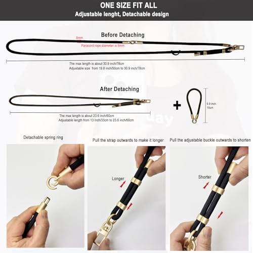 DAOSUN Phone Lanyard CellPhone Strap Crossbody, 3 in 1 Detachable Anti Theft Phone Cross Body Strap - color: Black-8mm Paracord
