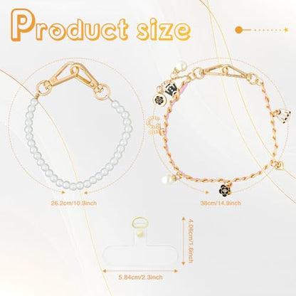 2 Pcs Phone Charm Wrist Strap with Tether Tab, Double Anti Lost Pearl Beaded Wrist Lanyard with Flower, Detachable Leather Metal Phone Charms for Bag, Key Chains, Camera Decor