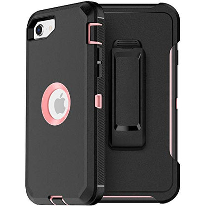 MXX Case Designed for iPhone SE Case 2020/SE 2022 Heavy Duty Protective with Screen Protector [3 Layers] Rugged Rubber Protection Cover & Rotating 360 Degree Belt Clip SE 3rd/2nd Gen(Black/Light Pink) - color: Black/Light Pink