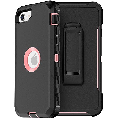 MXX Case Designed for iPhone SE Case 2020/SE 2022 Heavy Duty Protective with Screen Protector [3 Layers] Rugged Rubber Protection Cover & Rotating 360 Degree Belt Clip SE 3rd/2nd Gen(Black/Light Pink) - color: Black/Light Pink