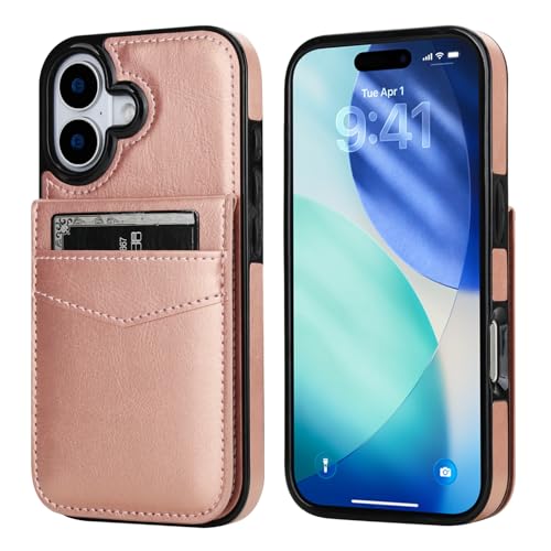 KIHUWEY for iPhone 17 Wallet Case Card Holder Kickstand, Rose Gold | Credit Card Slots, PU Leather, Magnetic Clasp, Flip Heavy Duty Protection Cover for Men and Women - color: Rose Gold