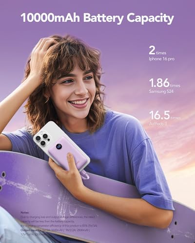 Mini Portable Charger with Built-in Cables 22.5W Fast Charging Power Bank USB-C Small Battery Pack 10000mAh Travel Essential Slim Battery for iPhone 17/16/15/14, Samsung 25/24, and More - color: Purple