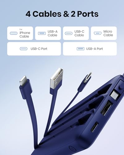 Portable Power Bank, Compact 10000mAh Portable Charger with 4 Cables, USB C Battery Pack 5 Outputs 2 Inputs LED Display Compatible with iPhone/Android & More (Navy Blue) - color: Navy Blue