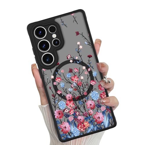 Magnetic for Samsung Galaxy S25 Ultra Case,Red Floral Flower | Compatible with MagSafe,Cute Fashion Translucent Matte Hard Back Shockproof Anti-Scratch Phone Case - color: Red, size: Samsung Galaxy S25 Ultra