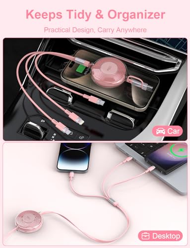3-in-1 Retractable Multi Charging Cable, 100W Fast Charging USB-C/A to Lightning/USB-C/Micro USB for iPhone 16, 15, 14 Pro Max, Samsung Galaxy, Kindle, Travel Charger for Multiple Devices (Pink)