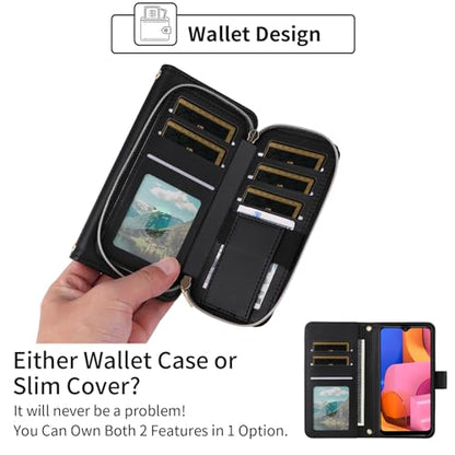 Argyle Wallet Case for Samsung Galaxy A20s with Wrist Strap Shoulder Strap, 9+ Card Slots Zipper Purse Luxury PU Leather Stand Checkered Phone Cover for A 20s Plus A207M Women Girls Black | Girls, Wrist/Shoulder Strap, Card Slots, Luxury PU Leather, Card