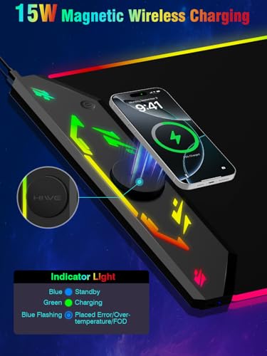 Gaming Mouse Pad RGB, 35"x15.8" Large Keyboard Desk Mat with Magnetic Wireless Charging for iPhone, 24 Light Effects, Non-Slip Base, Waterproof Ultra-Smooth Surface, with Adapter, Black