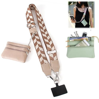 Phone Strap With Zippered Pouch, Universal Lanyard Crossbody Wrist Strap With Wallet, Adjustable - color: Khaki A2