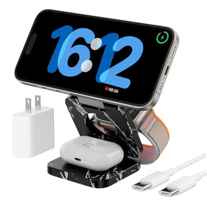 KU XIU X55 Nature Series Fast Magnetic Wireless Charger, Foldable 3 in 1 Charging Station for Apple, Mag-Safe Travel Charger Stand for iPhone 17 16 15 14 13 Series, Apple Watch & AirPods-Marble Black - color: Marble-Black