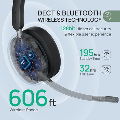 Yealink WH68 Workstation DECT Wireless Headset with 4" Touch Screen, 4 Mic Hybrid ANC, 606ft Range, All in One Workstation with Speaker, 3X USB Hub Office Headset for Desk Phone, Computer, Cellphone