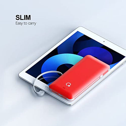 10000mAh Portable Charger, Slim USB B C Power Bank,4 Output External Battery Pack with Built-in AC Wall Plug Micro and USB C Three Cables Compatible with All mobilephone