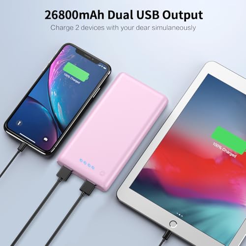 Portable Charger Power Bank 26800mah,Ultra-High Capacity Safer External Cell Phone Battery Pack,2 USB Output High Speed Charging Power bank Compatible with iPhone 17/16/15/14/13 Samsung Android-Pink - color: Pink