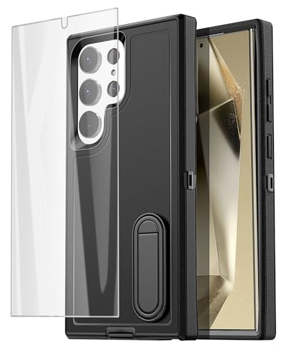 AICase for Samsung Galaxy S24 Ultra Case Built-in Stand with Glass Screen Protector,Heavy Duty Drop Protection Full Body Rugged Shockproof Military Protective Tough Durable Cover for S24 Ultra 5G_1 - color: Black+Glass Protector, size: Galaxy S24 Ultra