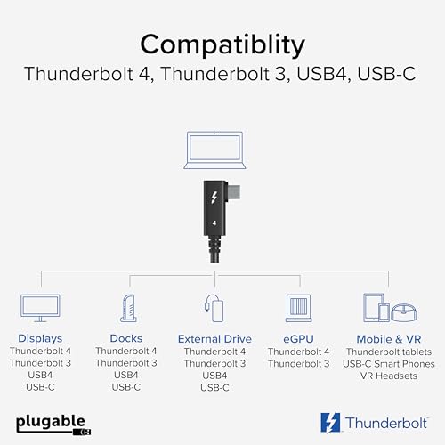 Plugable Thunderbolt 4 Cable Right Angle 40Gbps with 240W EPR Charging