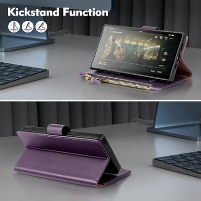Shieldtop Compatible with Samsung Galaxy S23 Ultra 5G Wallet Case with Card Holder,Women Men RFID Blocking PU Leather Phone Case Flip Protective Cover Wrist Strap Zipper Credit Card Slots,Dark Purple - color: Dark Purple, size: Galaxy S23 Ultra - 6.8"