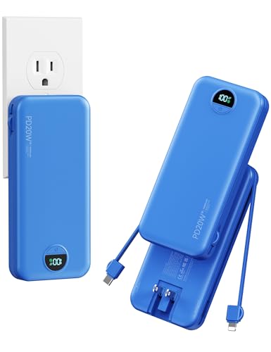 Portable Charger Power Bank 10000mAh with Built in Cables & Wall Plug - color: Steel Blue
