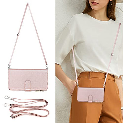 iCoverCase for Samsung Galaxy S23 Wallet Case with Card Holder, Kickstand Feature PU Leather Case with Adjustable Crossbody Lanyard Magnetic Clasp Zipper Pocket Flip Cover (Rose Gold) - color: Rose Gold, size: Galaxy S23