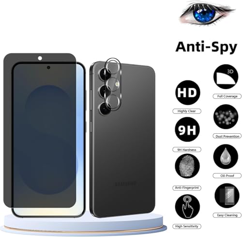 CJY For Samsung Galaxy S25 Anti Spy Privacy Screen Protector, 2+2 Pack Tempered Glass with Camera Lens Protector, 9H Hardness, Fingerprint ID Compatible, Case Friendly HD Privacy Glass - color: Samsung Galaxy S25 Privacy