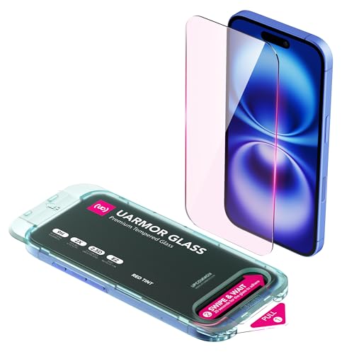 UARMOR Red Light Screen Protector for iPhone 16 [6.1 Inch] Anti Blue Light, Double Strength 9H Tempered Glass with Easy Installation Kit, Case Friendly Fit - 2Pack - size: iPhone 16