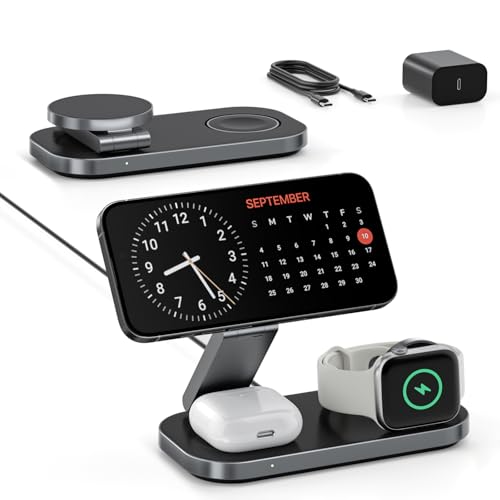 Keepro 3-in-1 Charging Station for Apple Device, Foldable Magnetic Wireless Fast Charger Stand Compatible with MagSafe for iPhone 18/17/16/15/14/13/12/Air/Duo Series, Apple Watch & AirPods-Black - color: Black