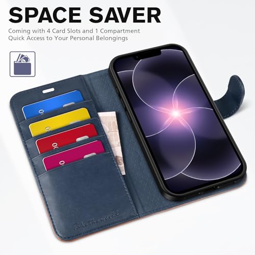TUCCH Wallet Case for iPhone 17e & 16e (6.1"), 4 Card Holders, Blue & Brown | RFID Blocking, Viewing Stand, Shockproof TPU Shell, PU Leather, Magnetic Closure, Protective Folio Flip Cover - color: Two-tone Blue & Brown