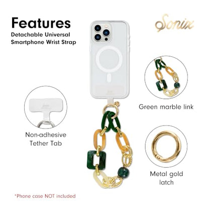 Sonix Phone Wristlet - Detachable Universal Smartphone Wrist Strap, Hands-Free Lanyard Cellphone Bracelet with Tether Tab - color: Marble & Chain Green