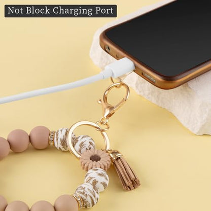 Silicone Beaded Phone Wrist Strap, Phone Wristlet Strap with Tether Tab, Elastic Hands-Free Daisy Wristlet Bracelet(khaki) - color: Daisy Khaki