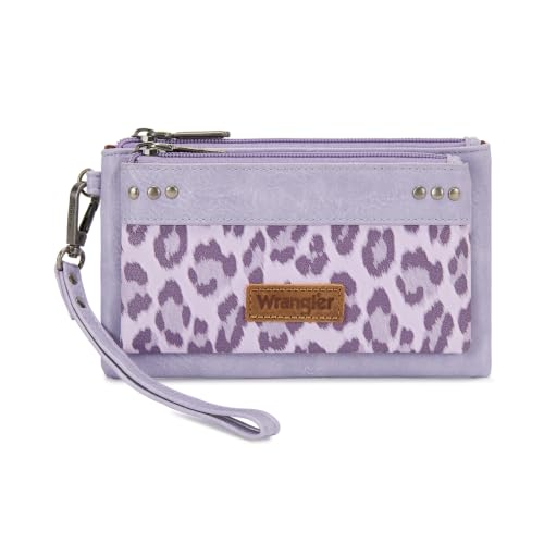 Montana West X Wrangler Wallets for Women Ladies Female Large Card Cases & Money Organizers Double Zipper Wristlet Western Cash Wallet with Rfid Lining with Wrist Strap - color: Purple