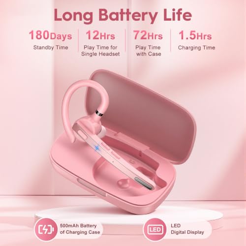 Bluetooth Headset 72H Work Single-Ear Wireless Earpiece for Cell Phone Call - color: Pink+gray