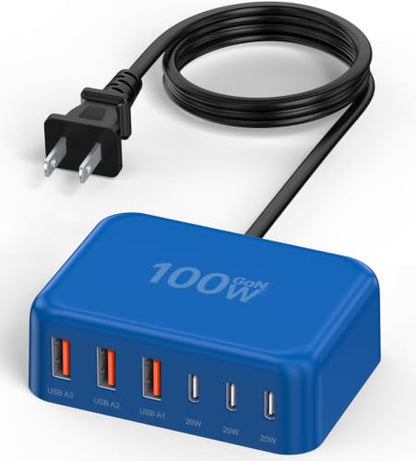 100W 6 in 1 USB Charger, 50% Smaller Charging Station for Multiple Devices - color: C-Blue