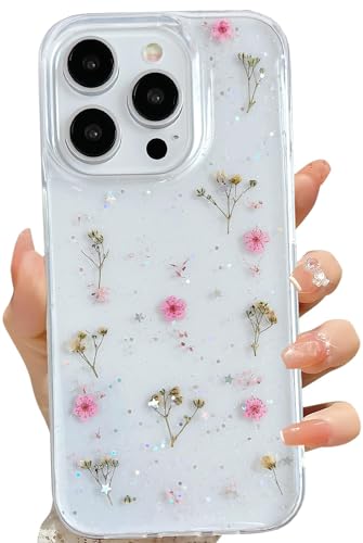 LSEEKA for iPhone 15 Pro Clear Case with Pressed Real Flowers Design,Glitter Cute Pink Floral Pattern Slim Soft TPU Protective Women Girl's Phone Cover for iPhone 15 Pro - color: Pink, size: for iPhone 15 Pro