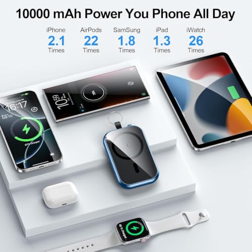 Magnetic Portable Charger 10000mAh Wireless Power Bank with Built-in Cables - color: blue