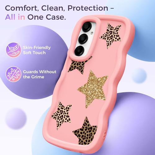 for Galaxy A15 Phone Case, Wavy Soft TPU, Pink-Leopard Star | Wavy Frame Design, Soft Slim TPU, Full Camera Lens Protection, Shockproof Phone Cover - color: Pink-Leopard Star, size: Samsung A15